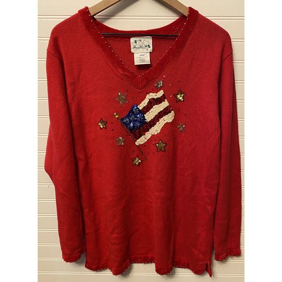 Quacker Factory Patriotic American Flag Sweater Women’s L Sequins Stars Red - Picture 1 of 7